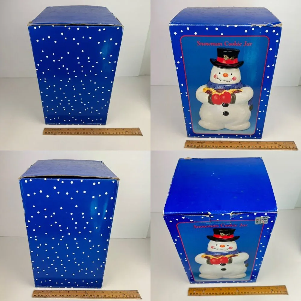 Vtg 90s Snowman Holding‎ Cookies Cookie Jar w Lid Storage Orig Box Crazing READ